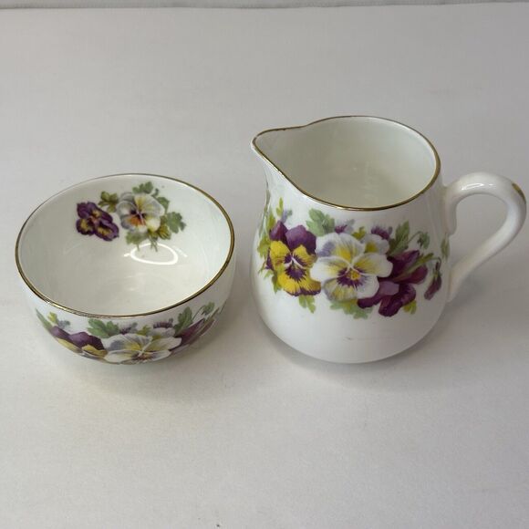 CROWN STAFFORDSHIRE Mini Creamer & Sugar Bowl White, Yellow, Purple Pansies VTG - Picture 8 of 13